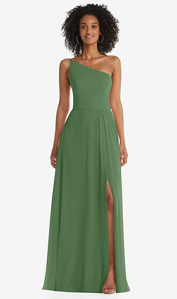 Front View - Vineyard Green One-Shoulder Chiffon Maxi Dress with Shirred Front Slit