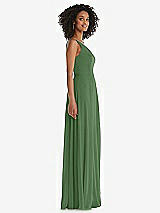 Side View Thumbnail - Vineyard Green One-Shoulder Chiffon Maxi Dress with Shirred Front Slit