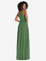 Rear View Thumbnail - Vineyard Green One-Shoulder Chiffon Maxi Dress with Shirred Front Slit
