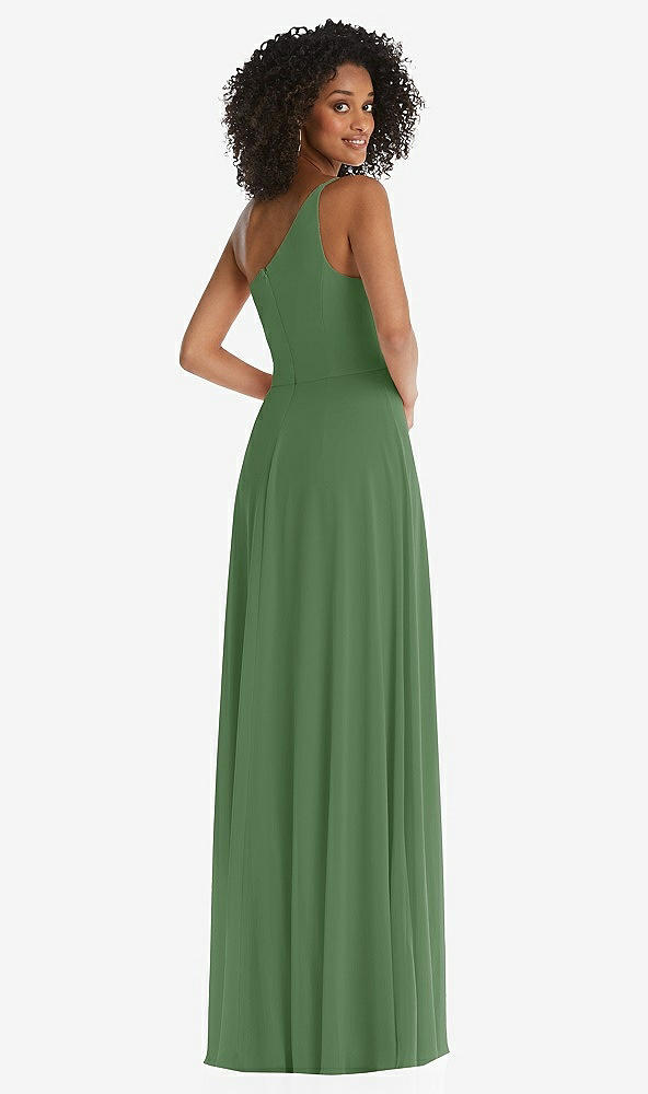 Back View - Vineyard Green One-Shoulder Chiffon Maxi Dress with Shirred Front Slit
