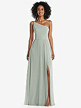 Front View Thumbnail - Willow Green One-Shoulder Chiffon Maxi Dress with Shirred Front Slit