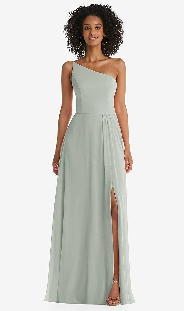 Front View - Willow Green One-Shoulder Chiffon Maxi Dress with Shirred Front Slit