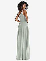 Rear View Thumbnail - Willow Green One-Shoulder Chiffon Maxi Dress with Shirred Front Slit