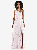 Front View Thumbnail - Watercolor Print One-Shoulder Chiffon Maxi Dress with Shirred Front Slit