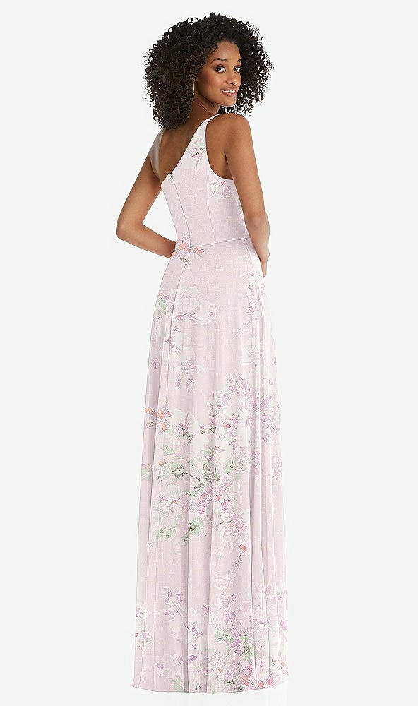 Back View - Watercolor Print One-Shoulder Chiffon Maxi Dress with Shirred Front Slit