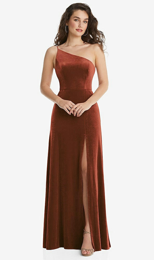 Front View - Auburn Moon One-Shoulder Spaghetti Strap Velvet Maxi Dress with Pockets