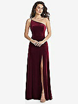 Front View Thumbnail - Cabernet One-Shoulder Spaghetti Strap Velvet Maxi Dress with Pockets