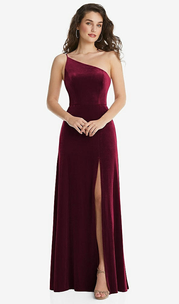 Front View - Cabernet One-Shoulder Spaghetti Strap Velvet Maxi Dress with Pockets