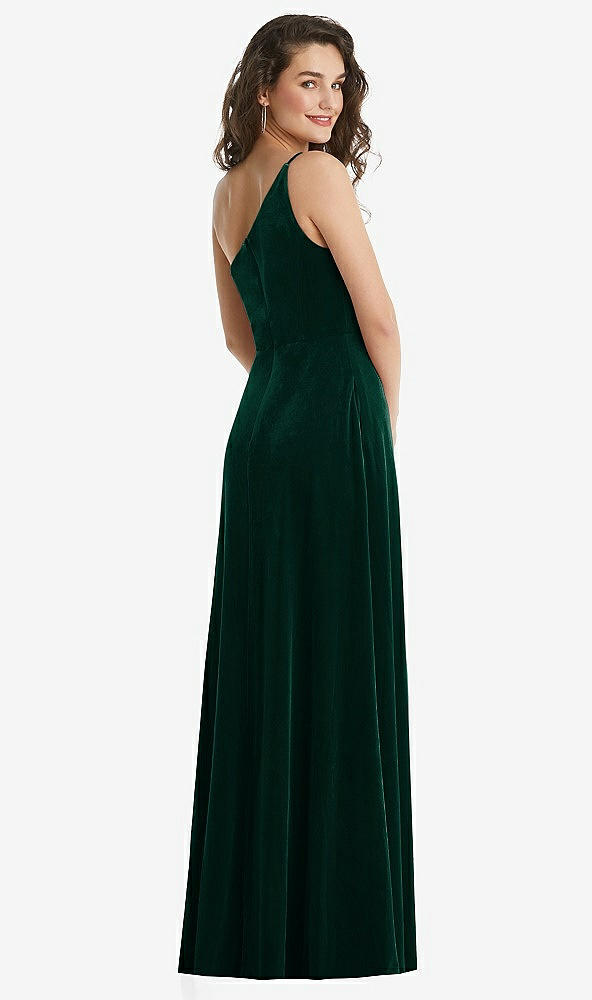 Back View - Evergreen One-Shoulder Spaghetti Strap Velvet Maxi Dress with Pockets