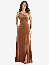 Alt View 1 Thumbnail - Golden Almond One-Shoulder Spaghetti Strap Velvet Maxi Dress with Pockets