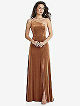 Front View Thumbnail - Golden Almond One-Shoulder Spaghetti Strap Velvet Maxi Dress with Pockets