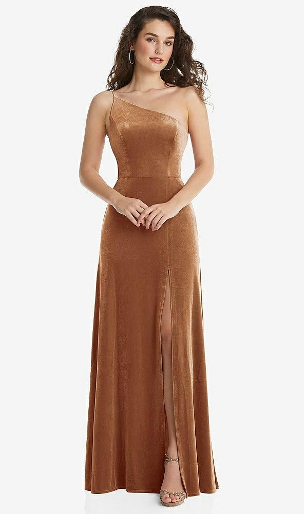 Front View - Golden Almond One-Shoulder Spaghetti Strap Velvet Maxi Dress with Pockets