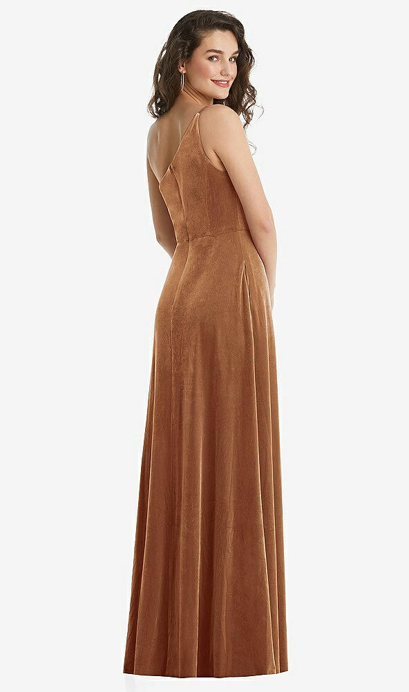Back View - Golden Almond One-Shoulder Spaghetti Strap Velvet Maxi Dress with Pockets