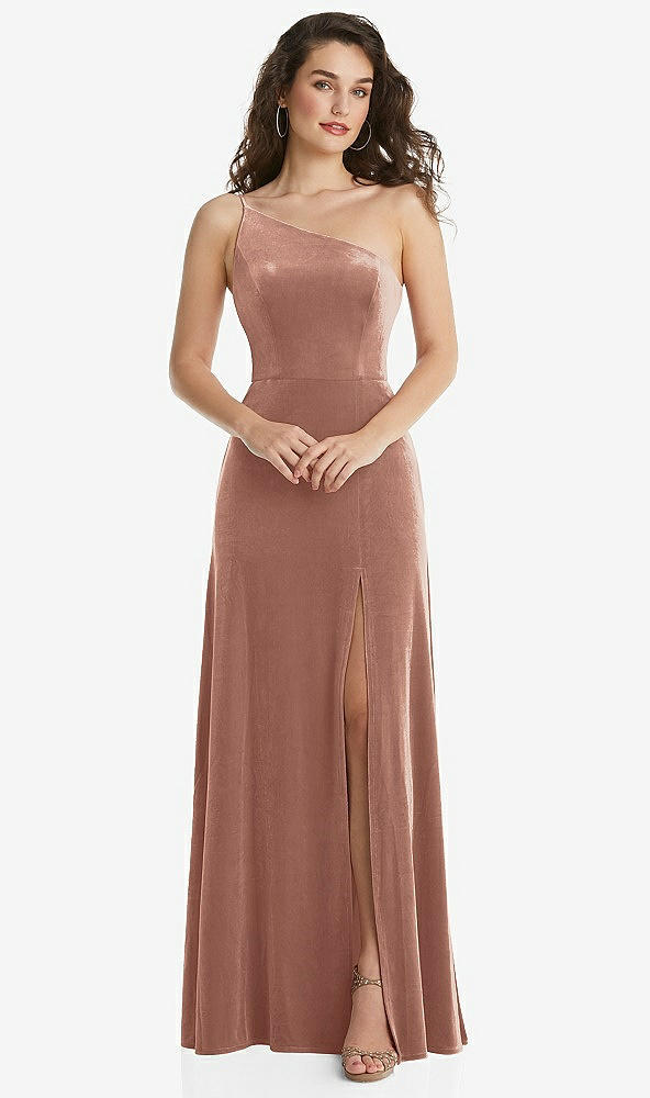 Front View - Tawny Rose One-Shoulder Spaghetti Strap Velvet Maxi Dress with Pockets