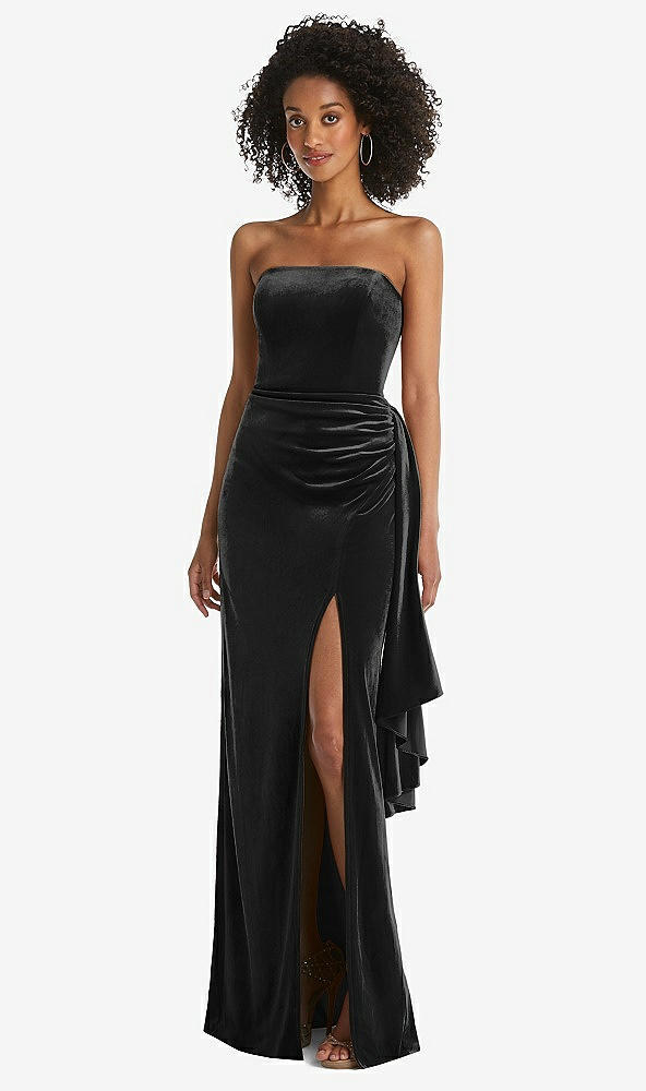 Front View - Black Strapless Velvet Maxi Dress with Draped Cascade Skirt