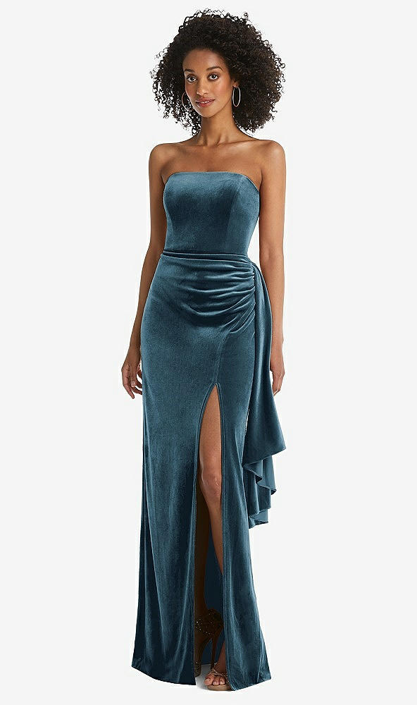 Front View - Dutch Blue Strapless Velvet Maxi Dress with Draped Cascade Skirt