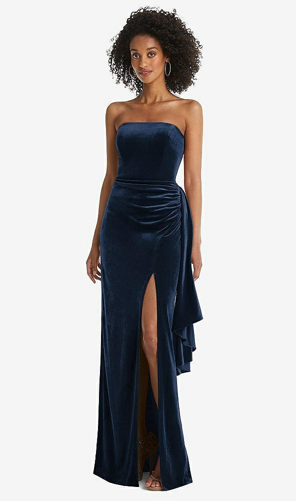 Front View - Midnight Navy Strapless Velvet Maxi Dress with Draped Cascade Skirt