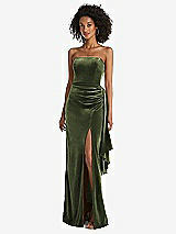 Front View Thumbnail - Olive Green Strapless Velvet Maxi Dress with Draped Cascade Skirt