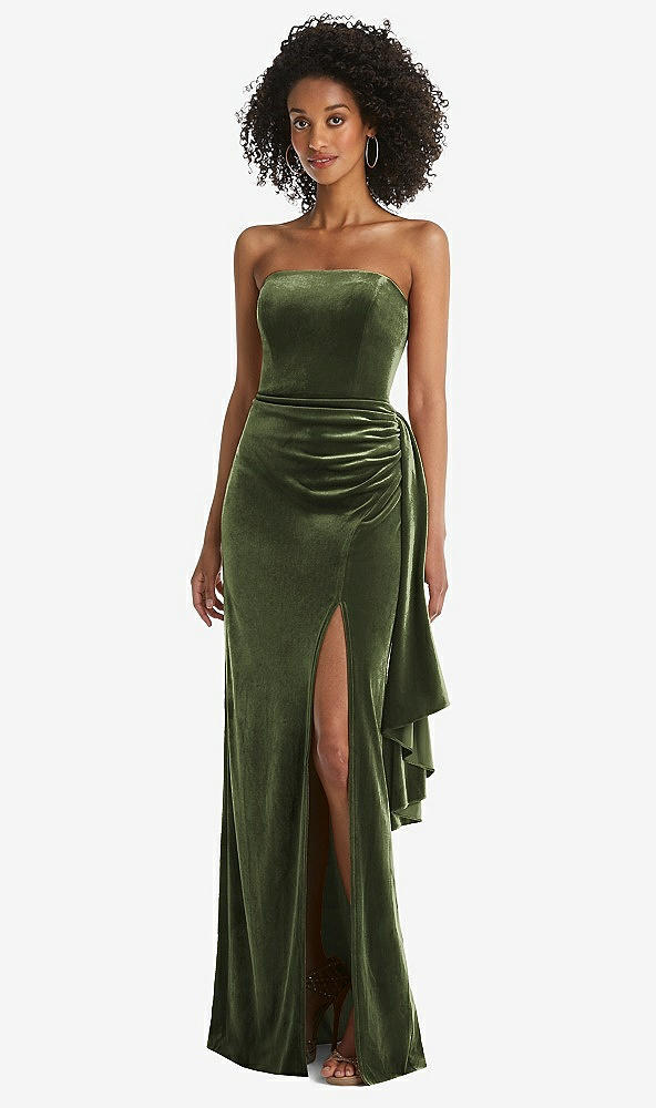Front View - Olive Green Strapless Velvet Maxi Dress with Draped Cascade Skirt