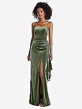 Front View Thumbnail - Sage Strapless Velvet Maxi Dress with Draped Cascade Skirt