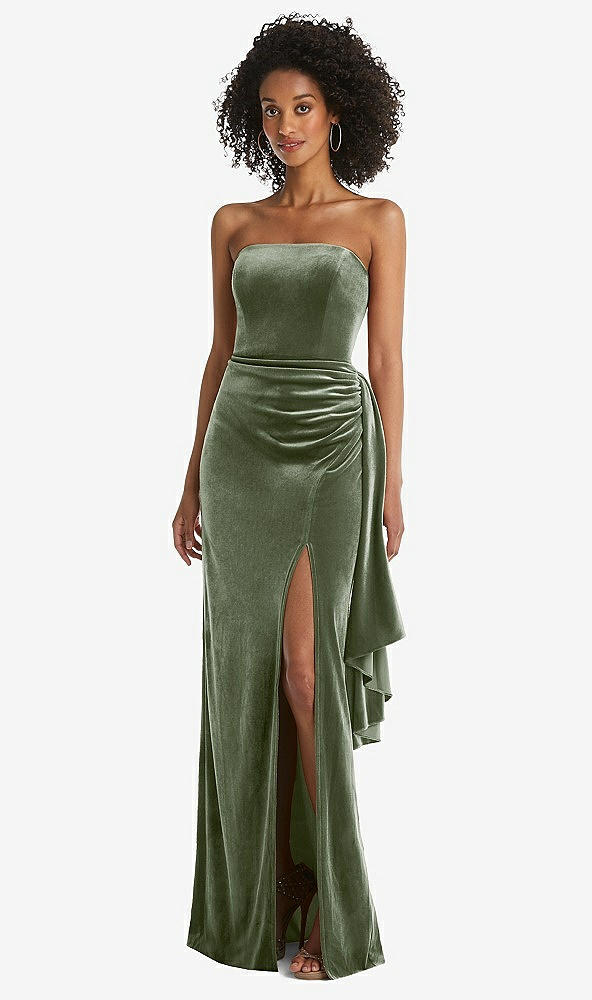 Front View - Sage Strapless Velvet Maxi Dress with Draped Cascade Skirt