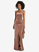 Front View Thumbnail - Tawny Rose Strapless Velvet Maxi Dress with Draped Cascade Skirt