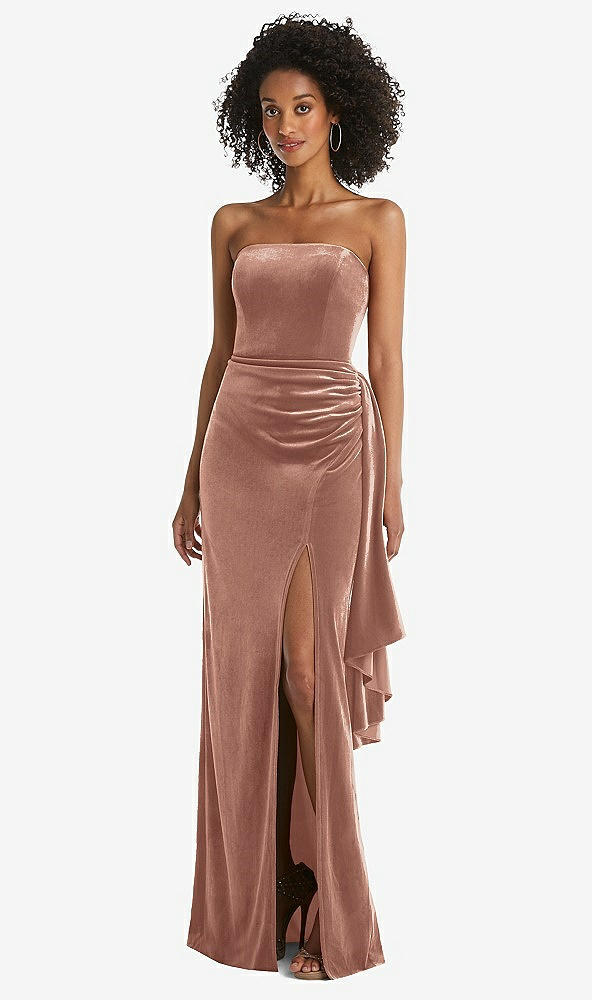 Front View - Tawny Rose Strapless Velvet Maxi Dress with Draped Cascade Skirt