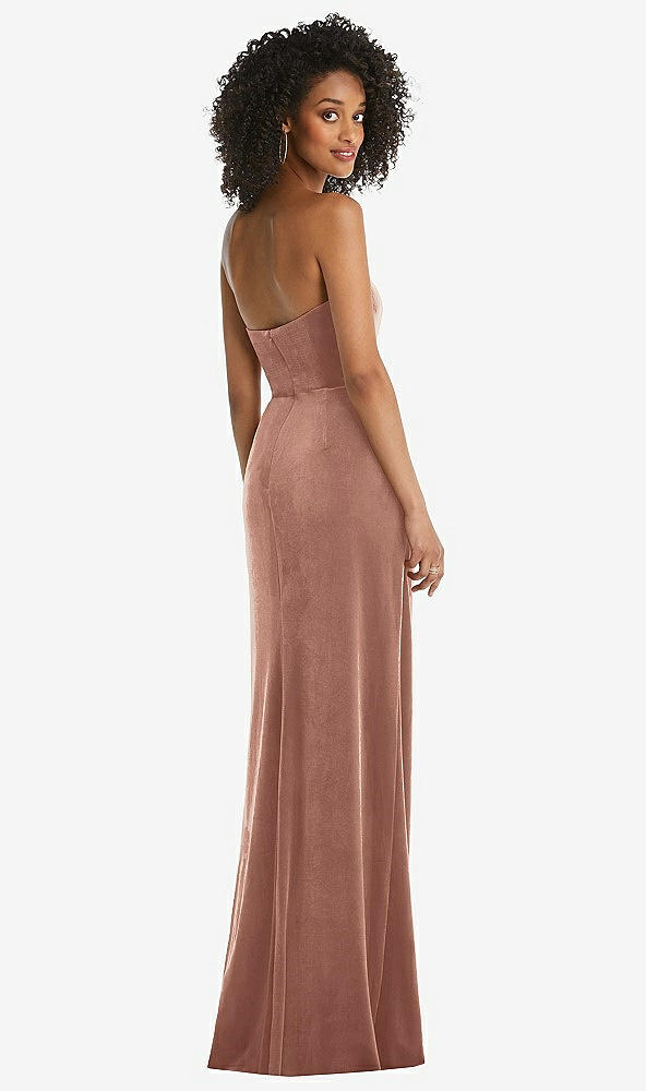 Back View - Tawny Rose Strapless Velvet Maxi Dress with Draped Cascade Skirt