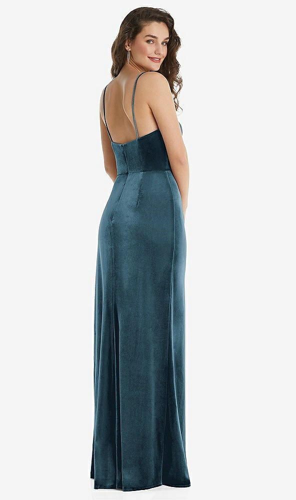 Back View - Dutch Blue Spaghetti Strap Velvet Maxi Dress with Draped Cascade Skirt