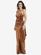 Front View Thumbnail - Golden Almond Spaghetti Strap Velvet Maxi Dress with Draped Cascade Skirt