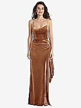 Side View Thumbnail - Golden Almond Spaghetti Strap Velvet Maxi Dress with Draped Cascade Skirt