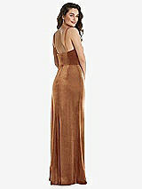 Rear View Thumbnail - Golden Almond Spaghetti Strap Velvet Maxi Dress with Draped Cascade Skirt