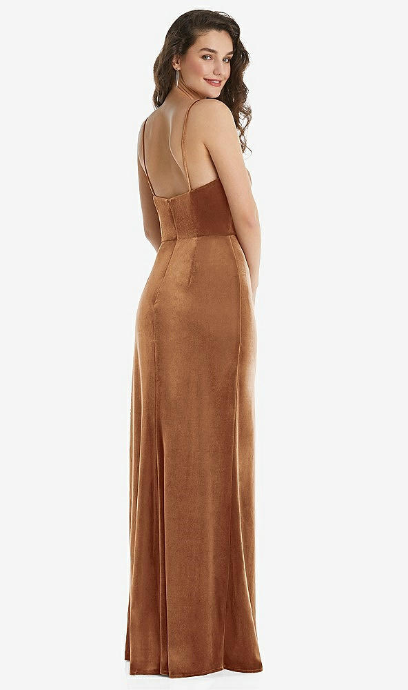 Back View - Golden Almond Spaghetti Strap Velvet Maxi Dress with Draped Cascade Skirt