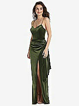 Front View Thumbnail - Olive Green Spaghetti Strap Velvet Maxi Dress with Draped Cascade Skirt