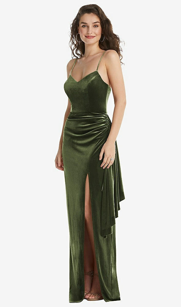 Front View - Olive Green Spaghetti Strap Velvet Maxi Dress with Draped Cascade Skirt