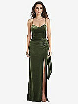 Side View Thumbnail - Olive Green Spaghetti Strap Velvet Maxi Dress with Draped Cascade Skirt