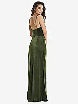 Rear View Thumbnail - Olive Green Spaghetti Strap Velvet Maxi Dress with Draped Cascade Skirt
