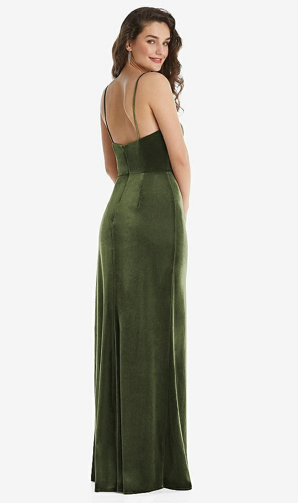 Back View - Olive Green Spaghetti Strap Velvet Maxi Dress with Draped Cascade Skirt