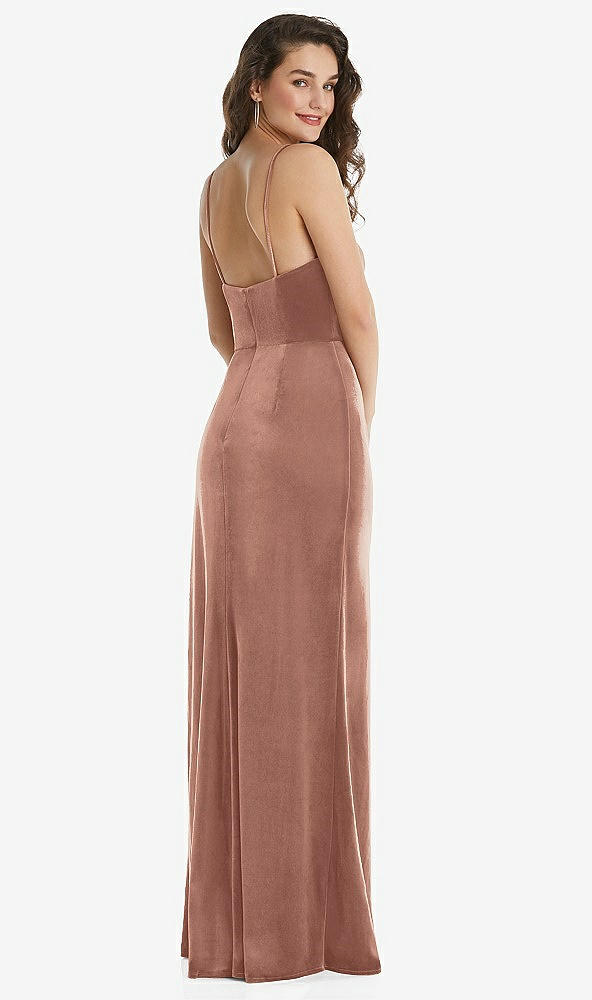 Back View - Tawny Rose Spaghetti Strap Velvet Maxi Dress with Draped Cascade Skirt