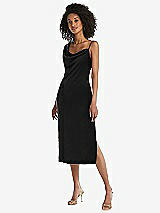 Front View Thumbnail - Black Asymmetrical One-Shoulder Velvet Midi Slip Dress