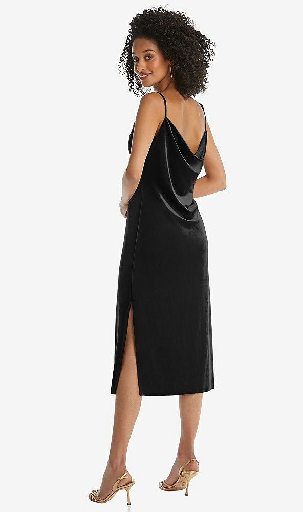 Back View - Black Asymmetrical One-Shoulder Velvet Midi Slip Dress