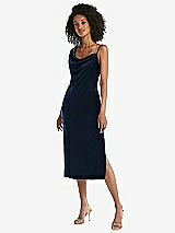 Front View Thumbnail - Midnight Navy Asymmetrical One-Shoulder Velvet Midi Slip Dress