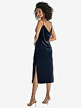 Rear View Thumbnail - Midnight Navy Asymmetrical One-Shoulder Velvet Midi Slip Dress