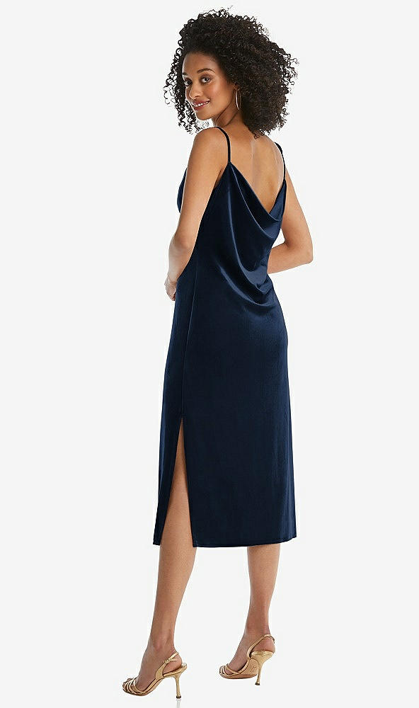 Back View - Midnight Navy Asymmetrical One-Shoulder Velvet Midi Slip Dress