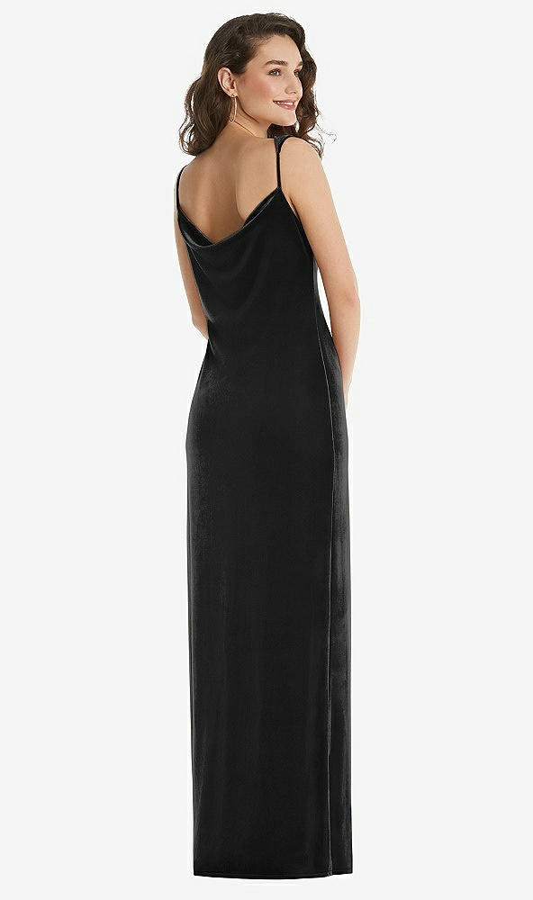 Back View - Black Asymmetrical One-Shoulder Velvet Maxi Slip Dress