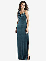 Front View Thumbnail - Dutch Blue Asymmetrical One-Shoulder Velvet Maxi Slip Dress