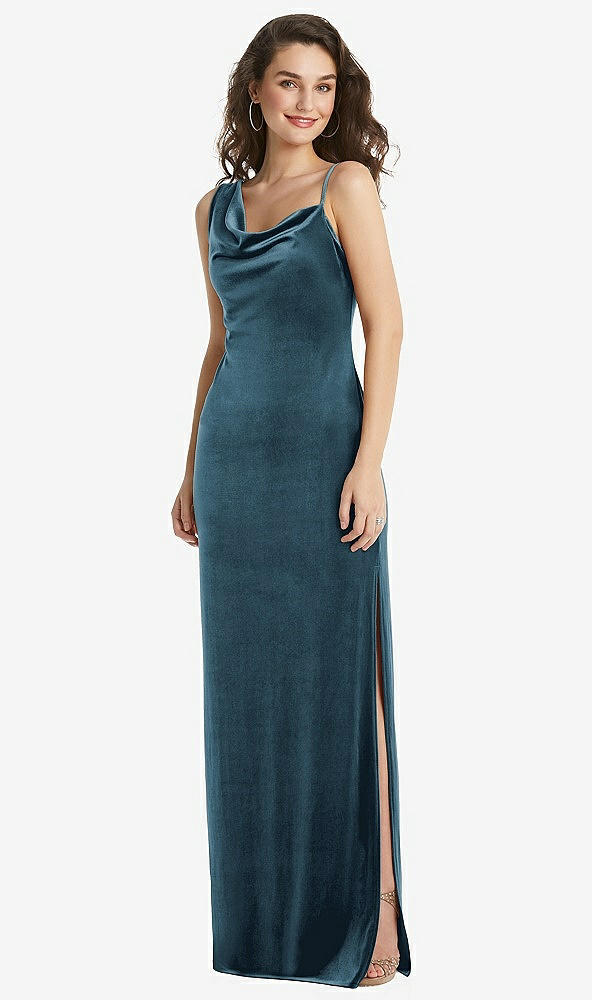 Front View - Dutch Blue Asymmetrical One-Shoulder Velvet Maxi Slip Dress