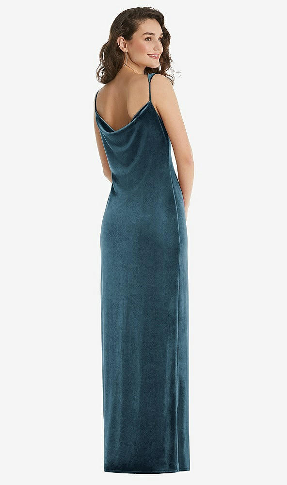 Back View - Dutch Blue Asymmetrical One-Shoulder Velvet Maxi Slip Dress