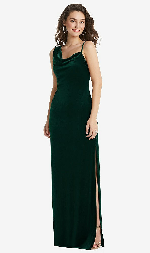 Front View - Evergreen Asymmetrical One-Shoulder Velvet Maxi Slip Dress