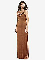 Front View Thumbnail - Golden Almond Asymmetrical One-Shoulder Velvet Maxi Slip Dress